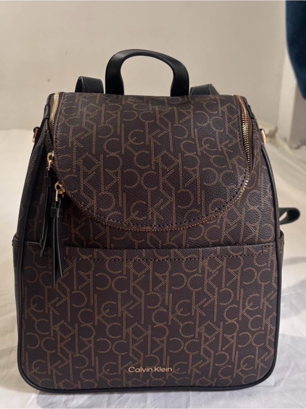 Calvin Klein Brown Monogram Backpack with Gold Accents